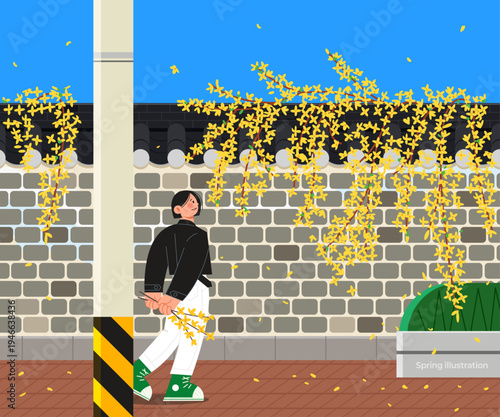 Illustration of a woman walking by a traditional wall with yellow forsythia blossoms
