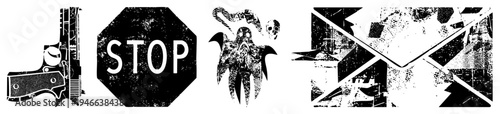 Graphic symbols including handgun, stop sign, Cthulhu, and abstract geometric design, rendered in with grainy texture. Vector cutout elements for design use.