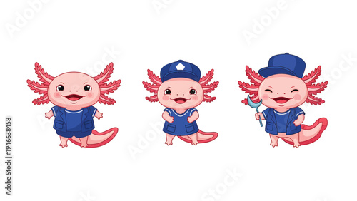 Cute Axolotl Characters in Blue Outfits with Hat and Wrench, Cartoon Mascot Set on White Background