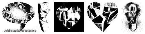 Speech bubble, rock, heart, broken heart, lightbulb rendered in halftone, vector graphic, isolated symbols, conceptual design.