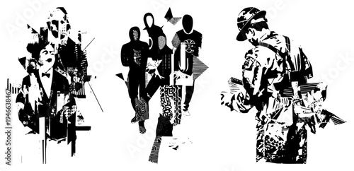 Abstract urban crowd composed of fragmented human forms, stylized street fashion, graphic art collage, vector design, modern city dwellers.