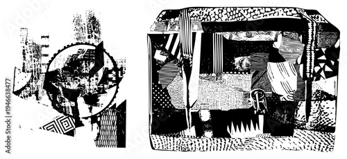 Stylized graphic composition with halftone textures, geometric shapes, and bold contrast. Abstract art, vector illustration, design, modernist composition, graphic texture.