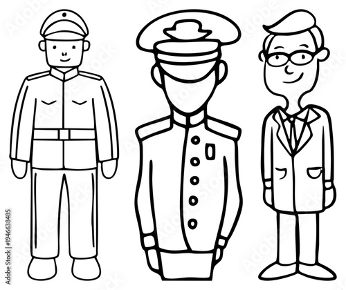 Cartoon characters in military, officer, and civilian suits, figures, professional roles, isolated vector art, flat design characters.