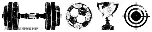 Dumbbell, soccer ball, trophy, target sport and fitness symbols rendered in gritty halftone, vector, isolated for branding or UI.