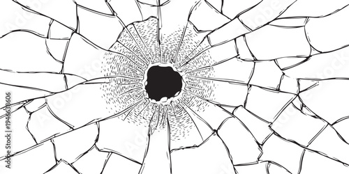Black hole in cracked white surface with radiating lines