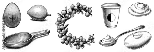 Hand drawn culinary items including egg, fig, olive wreath, yogurt cup, cream swirl, wooden spoon, and butter pat, rendered in classic halftone engraving style.