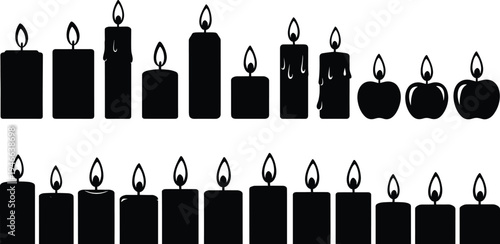 Candle silhouette icon set, burning wax candles and flame symbols collection, decorative vector elements isolated on light background