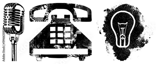 Retro communication symbols microphone, rotary phone, lightbulb, halftone texture, vector graphic, isolated, classic design, concept.