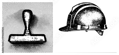 Classic rubber stamp with wooden handle and safety hard hat, halftone print style, graphic design elements, isolated vector.