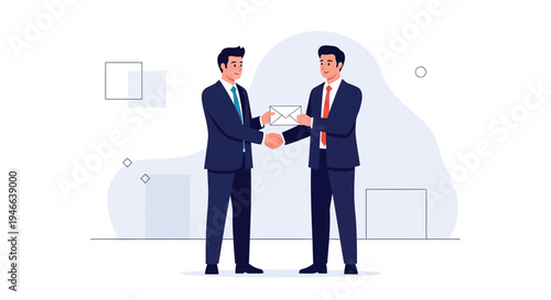 Businessmen shaking hands, exchanging envelope, partnership, agreement, deal, success