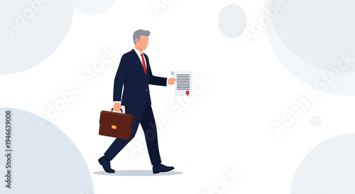 Businessman walking with briefcase and contract document, professional business concept