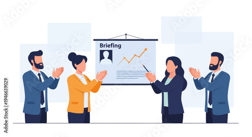 Business team applauds successful presentation on a whiteboard, showing growth chart