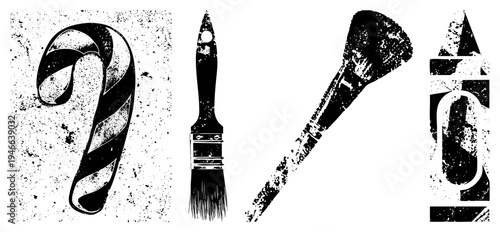 Classic holiday candy cane, artist paintbrush, makeup sponge brush, and crayon in distressed, ideal for creative design, holiday themes, or vintage aesthetic projects.