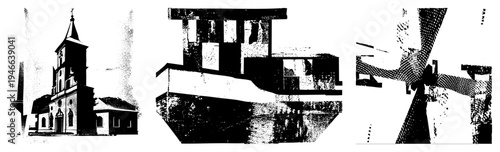 Geometric building fragments rendered in halftone, modernist architecture, graphic design element, vector illustration, structure, urban abstraction.