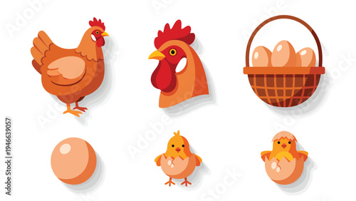 Vector set of farm poultry: hen, rooster, hatching chicks, and eggs. Cartoon style agriculture elements on white.
