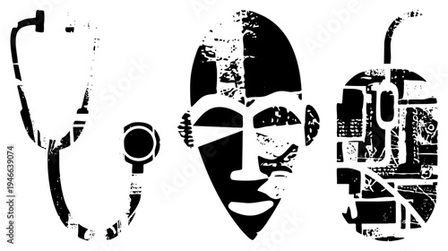 Stethoscope, doctor’s face, and medical equipment rendered in distressed black vector style, ideal for healthcare branding or medical themed graphic design projects.