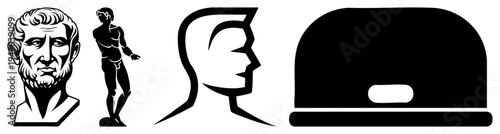 Black vector featuring classical bust, athletic male figure, profile silhouette, and snapback hat minimalist, stylized,, graphic symbols for design or branding.