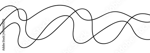 Continuous black squiggle line cable creating abstract wavy vector illustration pattern on white background. Curvy cable thread flowing horizontally with organic squiggle line loops and tangled curve.