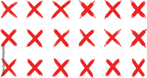 Red cross mark brush set, grunge X symbol collection, wrong error cancel sign vector icons isolated on light background