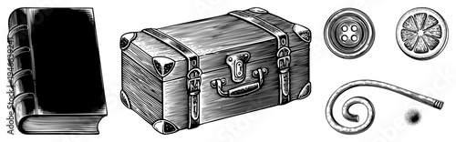Classic leather bound book, vintage suitcase with brass hardware, round button, citrus slice, and pipe curl all isolated vector illustrations with halftone texture.