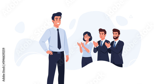Successful businessman receives applause from diverse colleagues in a modern office setting.