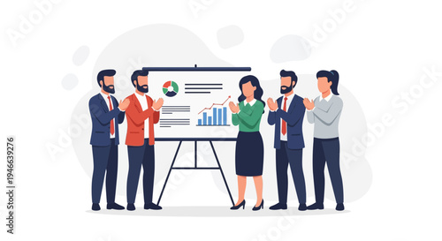 Business team applauding at a presentation with charts on a whiteboard