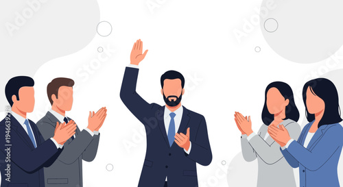 Successful businessman waving hand, applauded by colleagues in business meeting