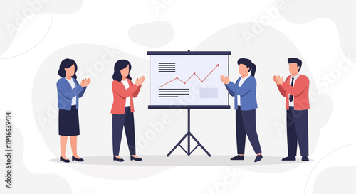 Business team applauds successful presentation with growth chart on screen