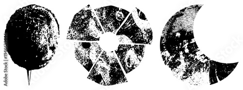 Three stylized moon phases rendered in halftone dot, textured grunge effect, vector graphic, isolated shapes, black and white, celestial design.