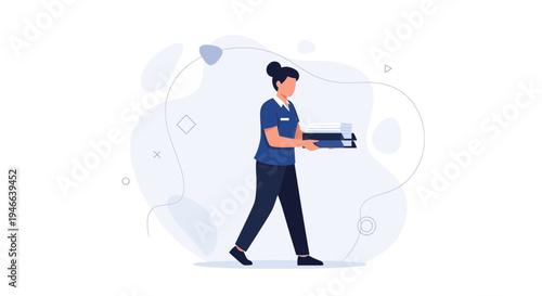 Nurse carrying medical documents and files in hospital hallway, healthcare illustration