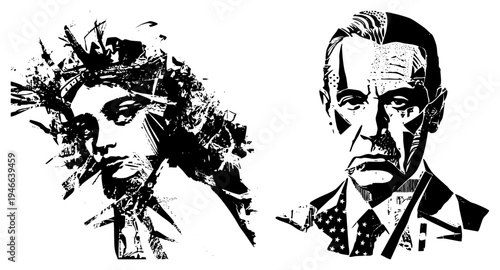 Black and white halftone stylized portraits, Jesus with crown of, U.S. president with flag tie, graphic art, vector cutout, political and religious.