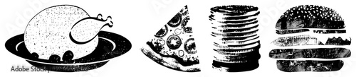 Vector graphic of roasted chicken, pizza slice, stacked pancakes, and hamburger, rendered in halftone dot, isolated food, stylized meal, food art.