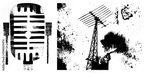 Retro microphone and broadcast tower graphic, halftone grit texture, broadcast equipment, vintage radio, distressed vector art, black and white design.