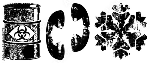 Distressed black and white vector biohazard barrel, vintage phone receiver, snowflake. Grungy texture, isolated elements, symbolic.