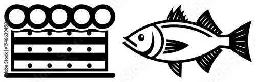 Stylized knuckle duster with layered bands and fish, both in bold black art, isolated vector graphics for design use.