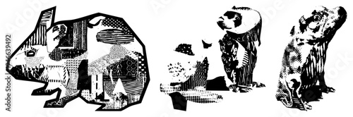 Artistic black and white animal cutouts featuring detailed geometric and hatching textures, vector illustrations, graphic design elements, isolated wildlife motifs.