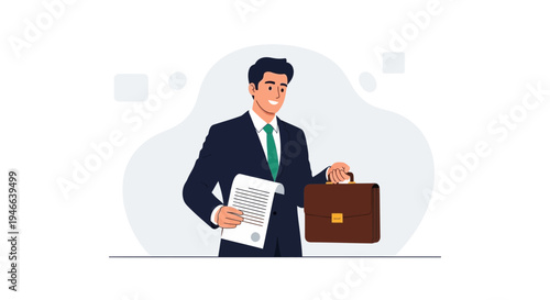 Smiling businessman holding contract and briefcase, modern flat illustration