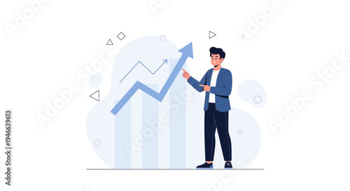 Man points to upward trending graph, symbolizing business growth and success