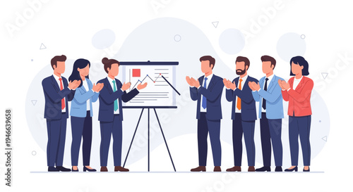 Business Team Applauding Presentation Success: Diverse Professionals Celebrate Achievement
