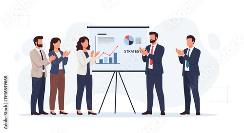 Business team applauding successful strategy presentation with charts