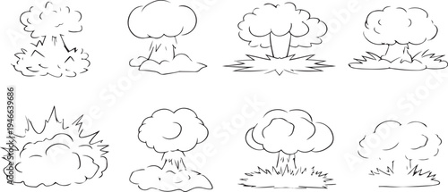 Eight cartoon explosion cloud outlines bomb blast smoke