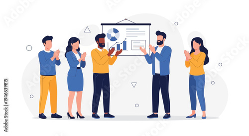 Business team applauding at presentation, celebrating success with charts on screen