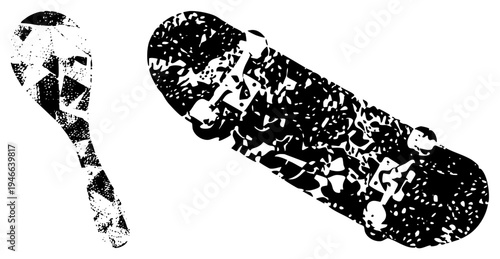 Distressed skateboard deck with worn grip tape, matching shoe print, urban street culture, stencil art, black and white vector graphic.
