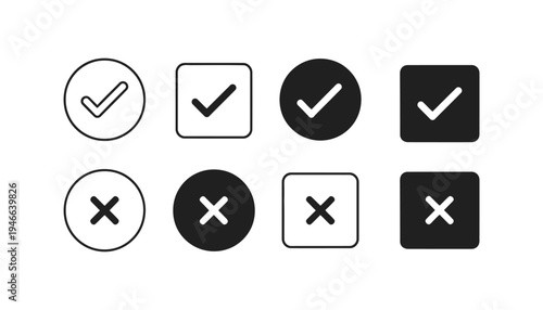 Check mark and cross sign icon set, vector illustration of different styles, approval and rejection symbols, accept and decline buttons, web interface elements