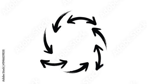 Circular motion arrow brush strokes forming a cycle pattern for business process recycling flow or rotational direction concepts in a textured hand painted black ink artistic style vector