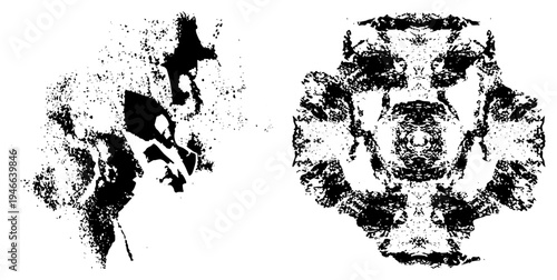 Halftone style abstract art with mirrored black ink splatters, graphic texture, vector composition, isolated design elements, artistic expression, digital art piece.