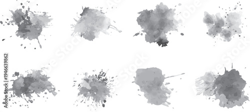 Eight grey watercolor splashes and splatters on white background