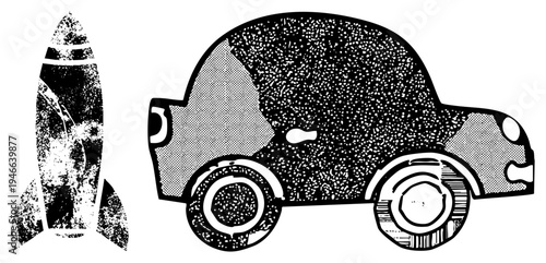 Vintage car and rendered in halftone dot, stylized graphic, design, retro sci fi theme, vector art.