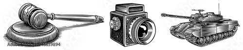Legal gavel, retro camera, military tank, engraved art, illustration, symbolic, courtroom and warfare.