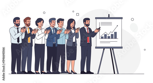 Business team applauding presenter with financial graph on whiteboard during meeting